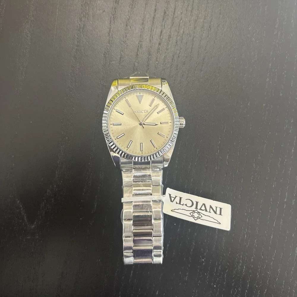 Invicta Silver Tone Analog Men's Watch Champagne Dial Fluted Bezel
